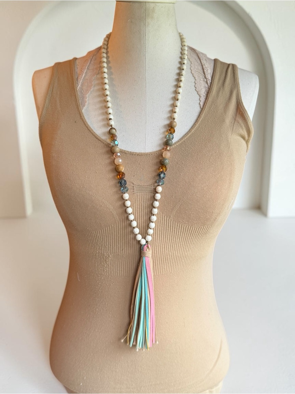 Boho western core  Beaded‎ Tassel Necklace Multicolor Pastel Faux Suede Fringe